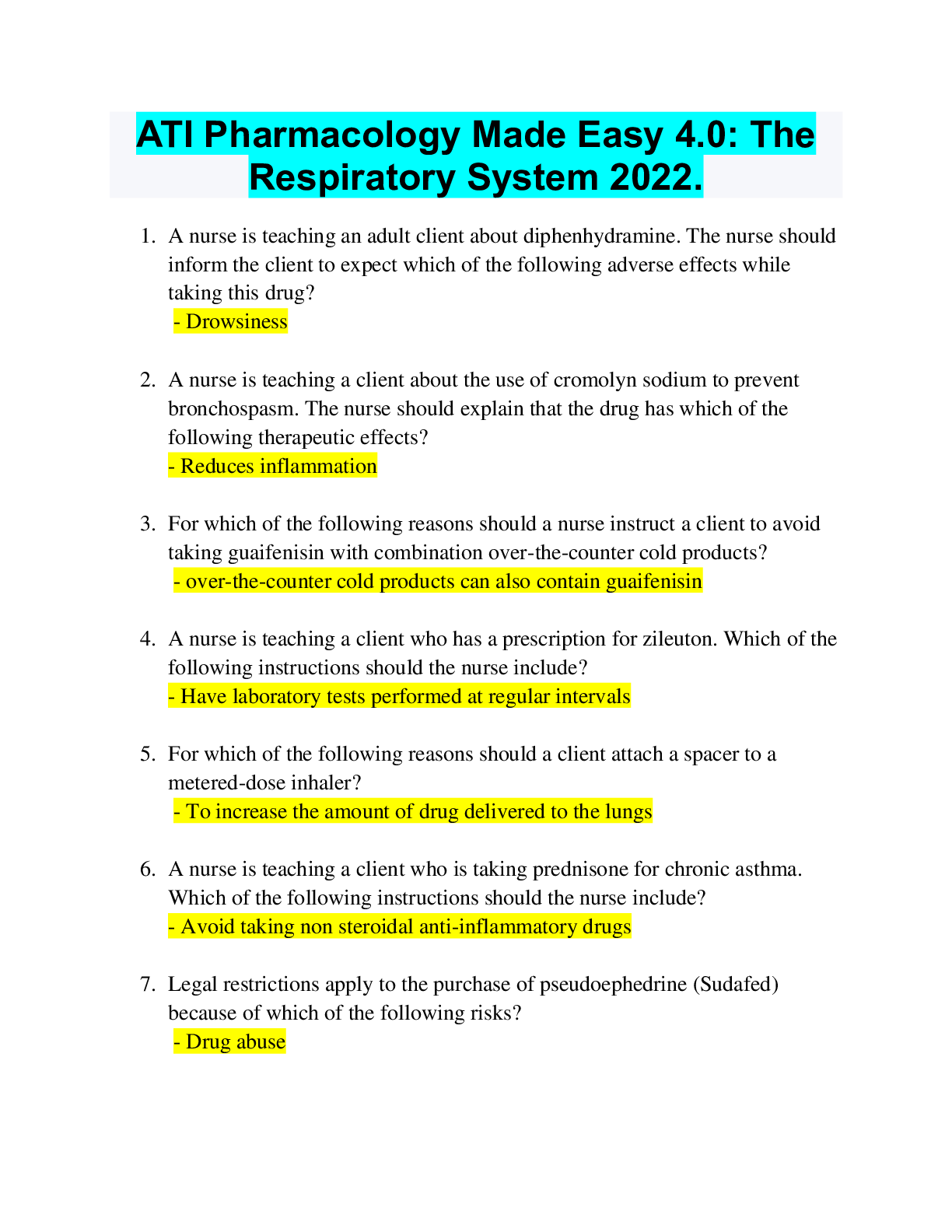 Preview image for ATI Pharmacology Made Easy 4.0: The Respiratory System (answered) | The Respiratory System ATI Pharmacology Made Easy 4.0, Spring 2022.